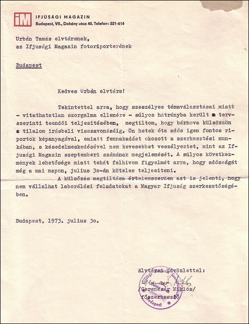 Urbán Tamás főszerkesztői megrovása (1973)